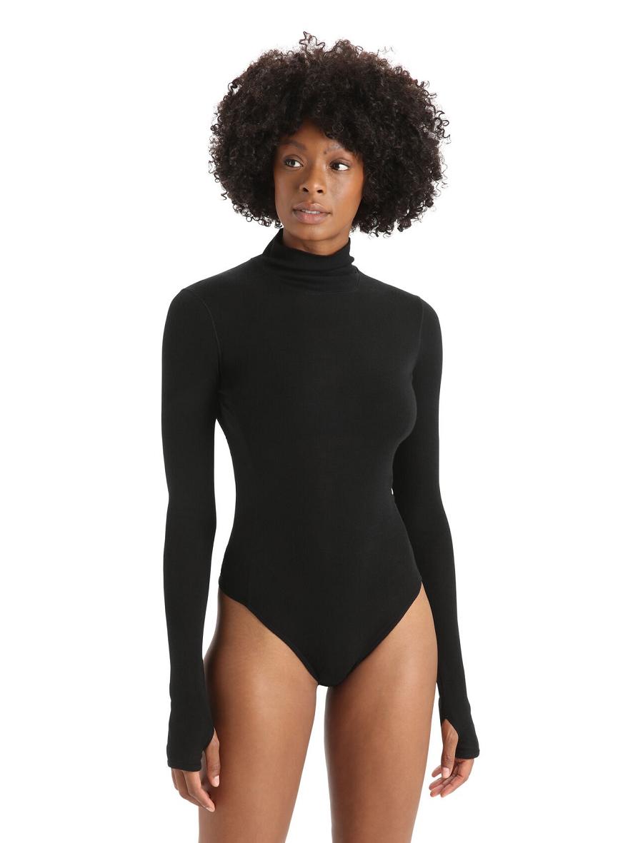 Bielizny Icebreaker Merino Queens Long Sleeve High Neck Bodysuit Damskie Czarne | PL 1246KORI